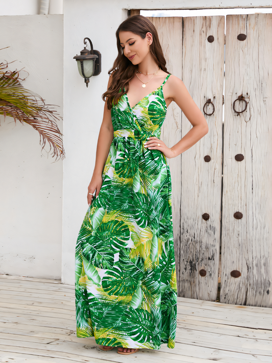 Dark-green Printed Bohemia V-Neck Halter Maxi Dress