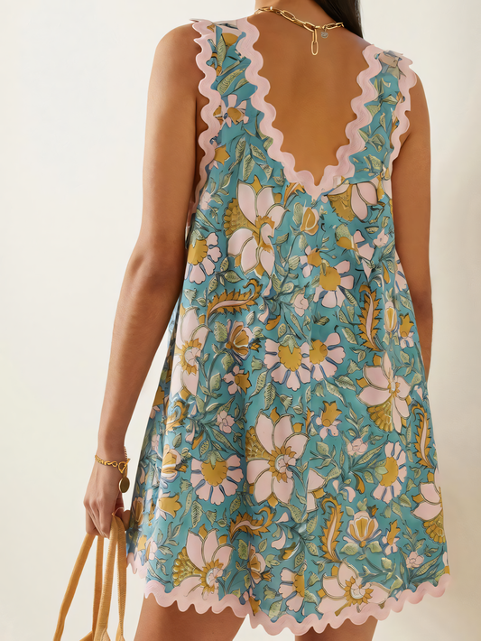 Blue Printed Sleeveless Mini Dress