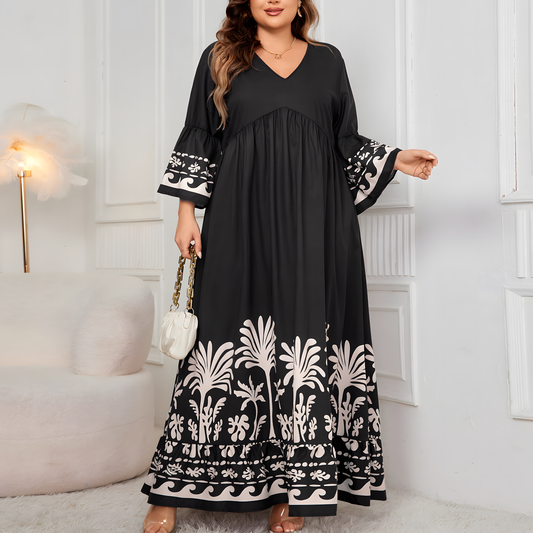 Black White Elegant V-neck Printed Maxi Dress