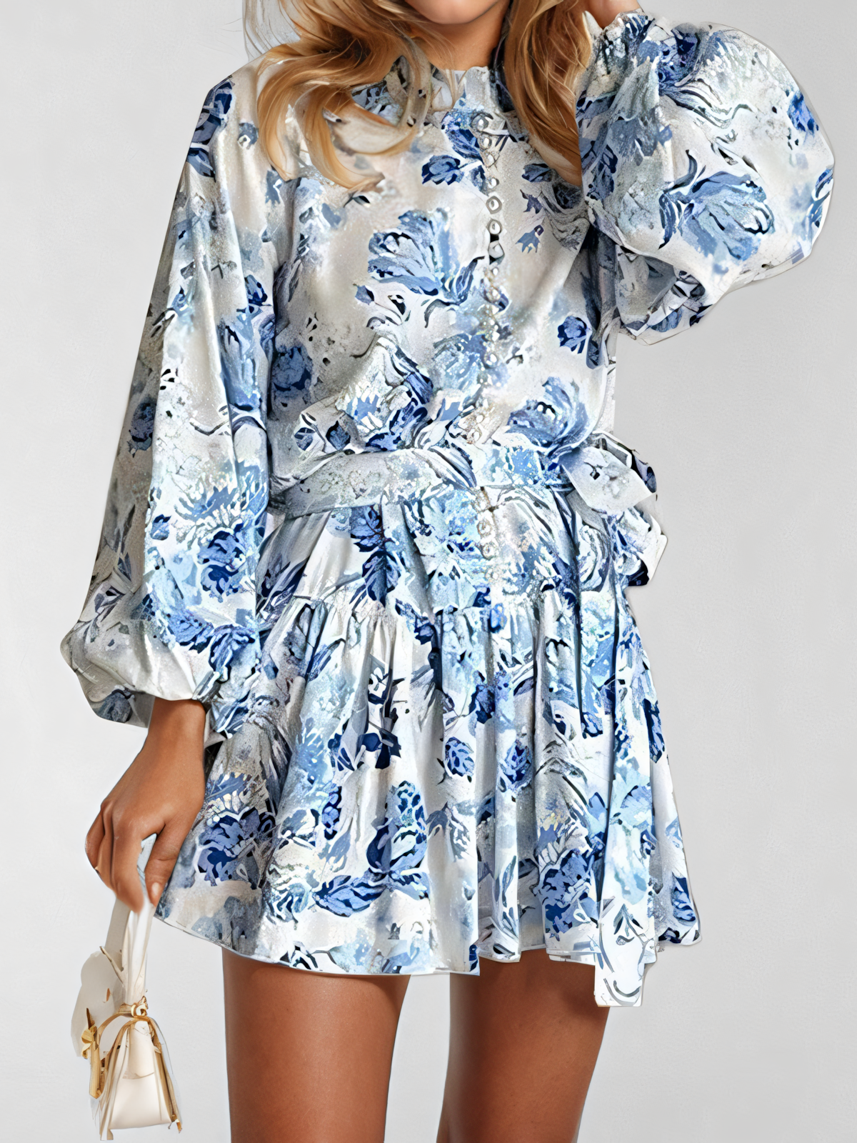 Long-sleeved Lace-up Floral Mini Dress