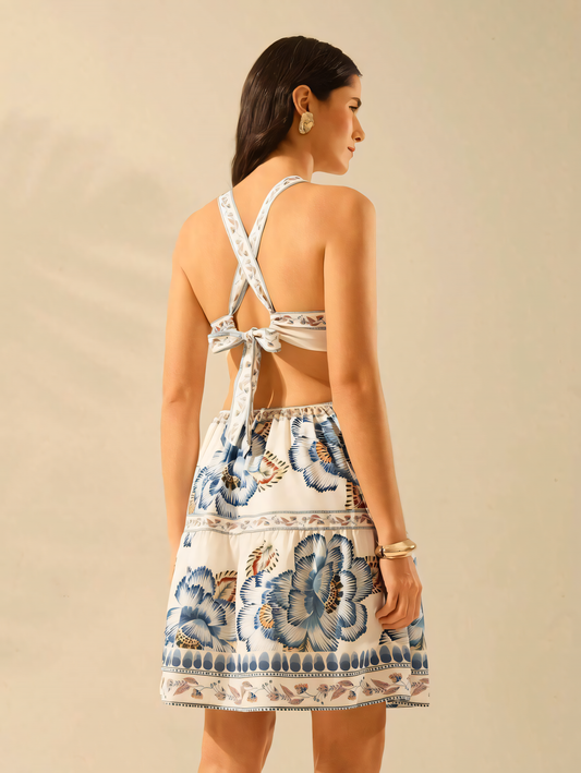 Blue Floral Print Bandeau Tie Mini Dress
