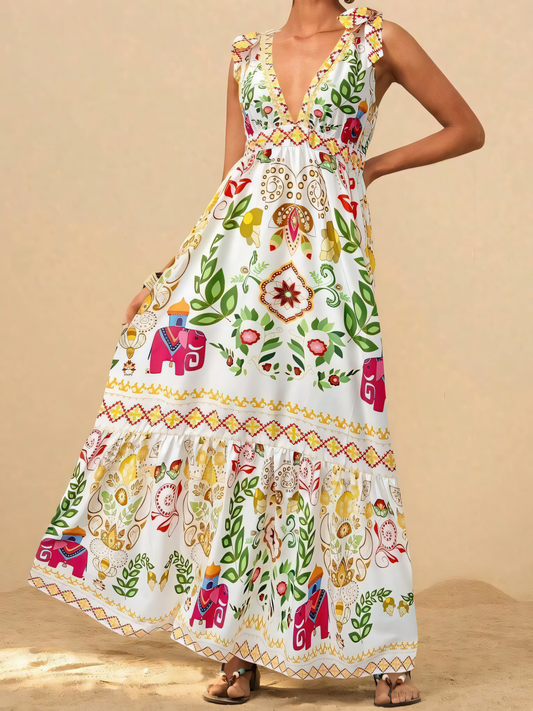 White Floral Printed Beach Maxi Dress