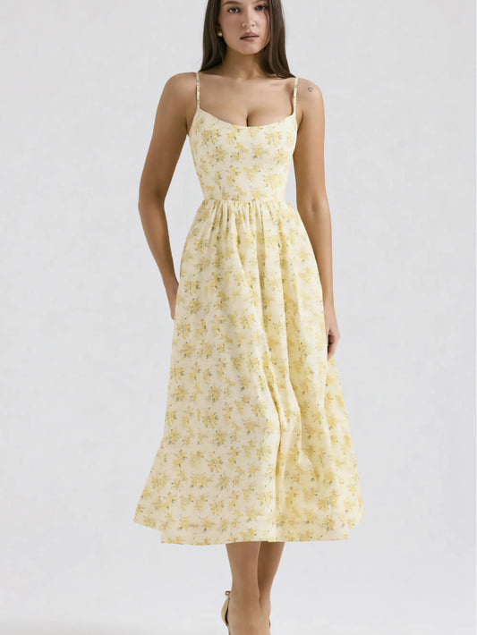 Sweet&Sexy Yellow Floral Backless Halter Midi Dress