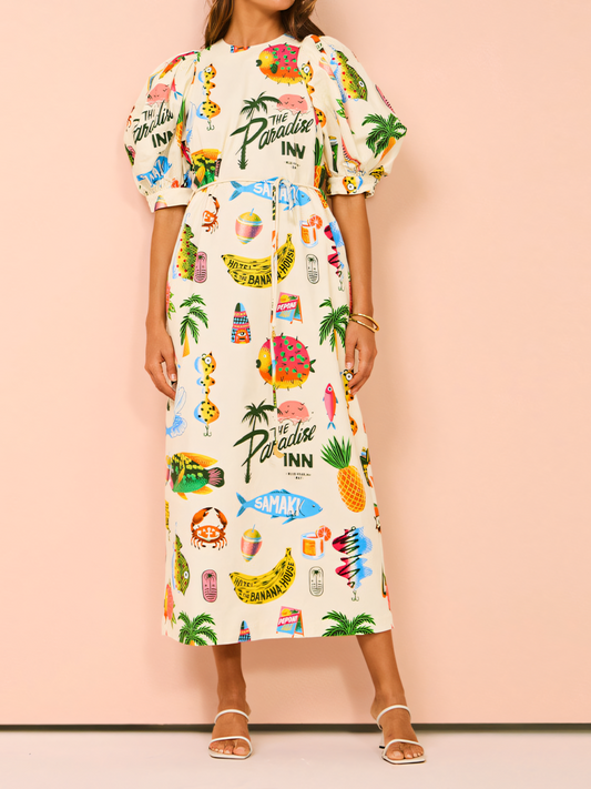 Colorful Printed Puff Sleeve Crew Neck Pocket Maxi Dress