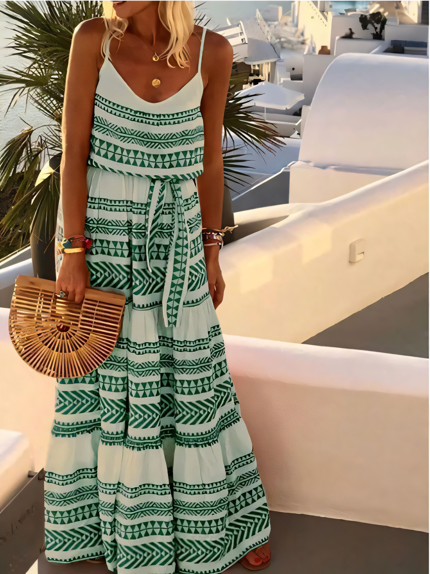 Bohemian V-neck Print Beach Slip Maxi Dress