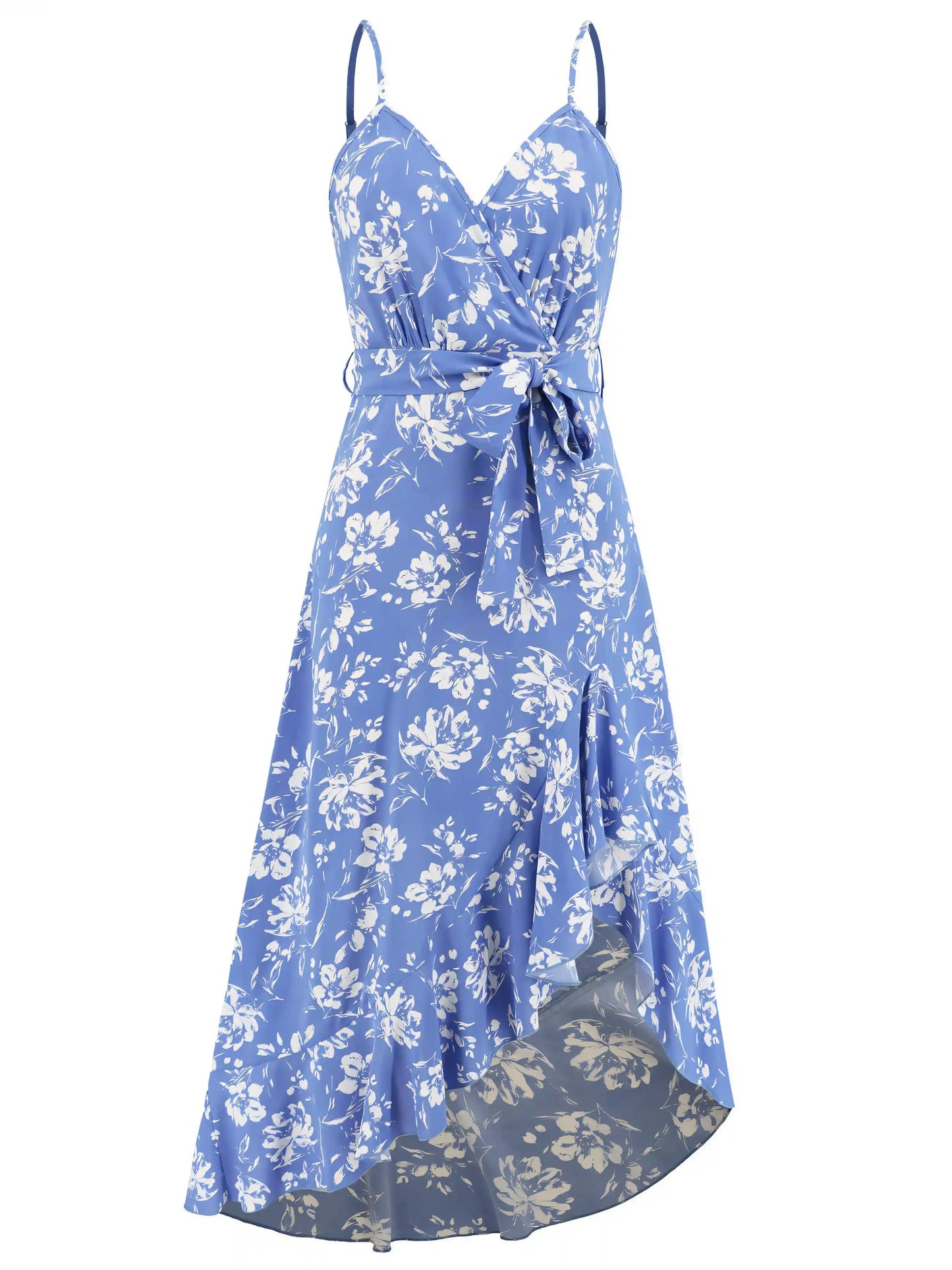 Blue Halter Irregular Floral Beach Maxi Dress