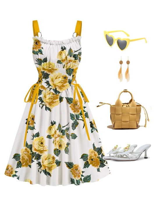Yellow Floral Printed Drawstrings Elegant Midi Dress