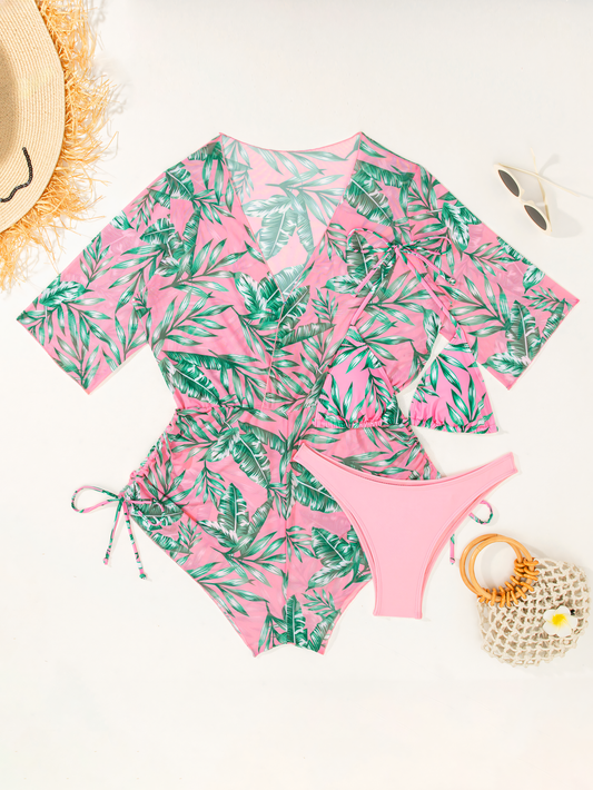 Leaf Print Bikini Trio Set