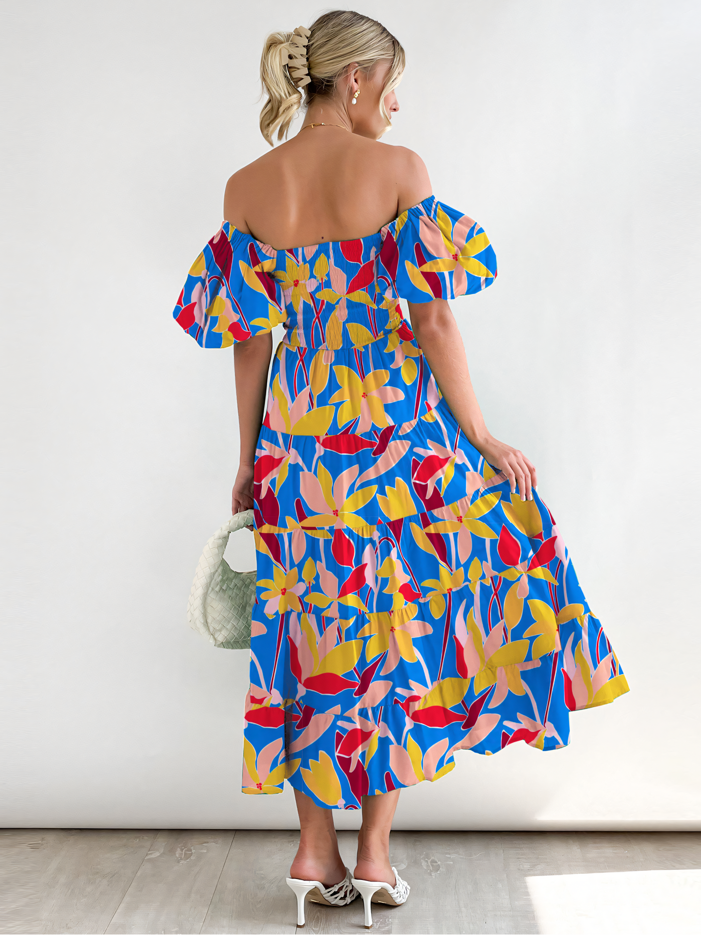 Blue Yellow Printed Puffy Bubble Sleeve Midi Dress