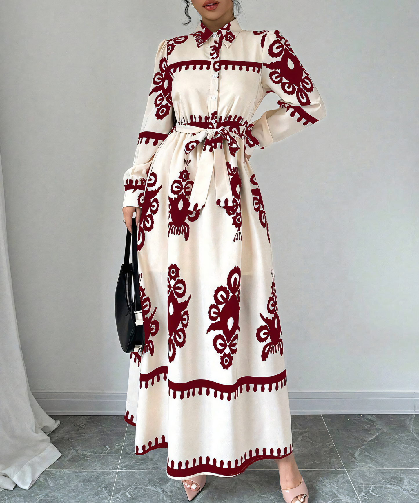 Print Belt Cinched Waist Maxi Dress