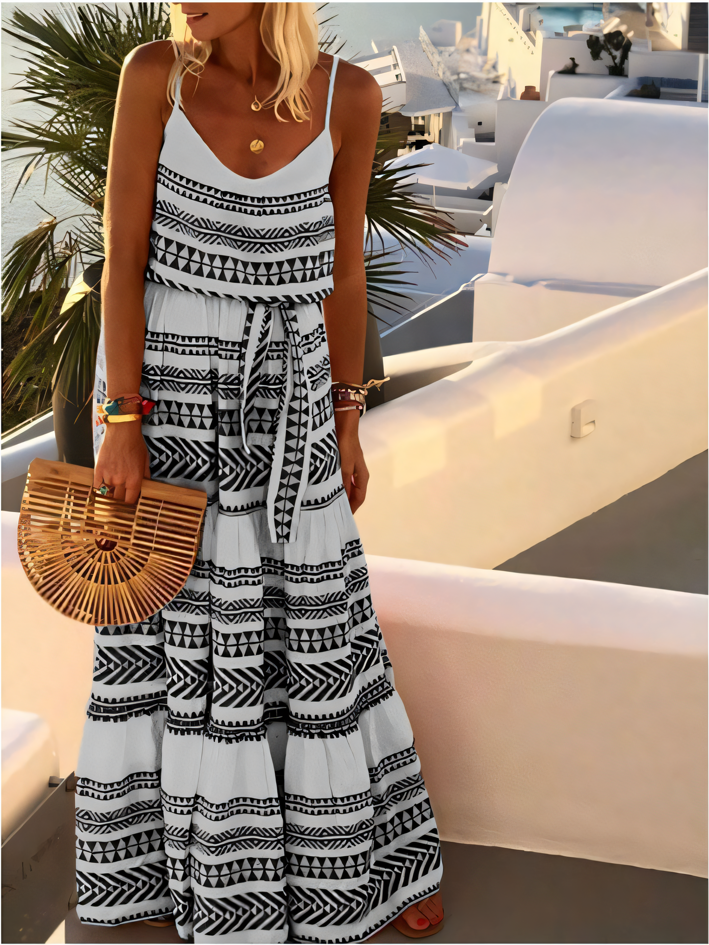 Bohemian V-neck Print Beach Slip Maxi Dress