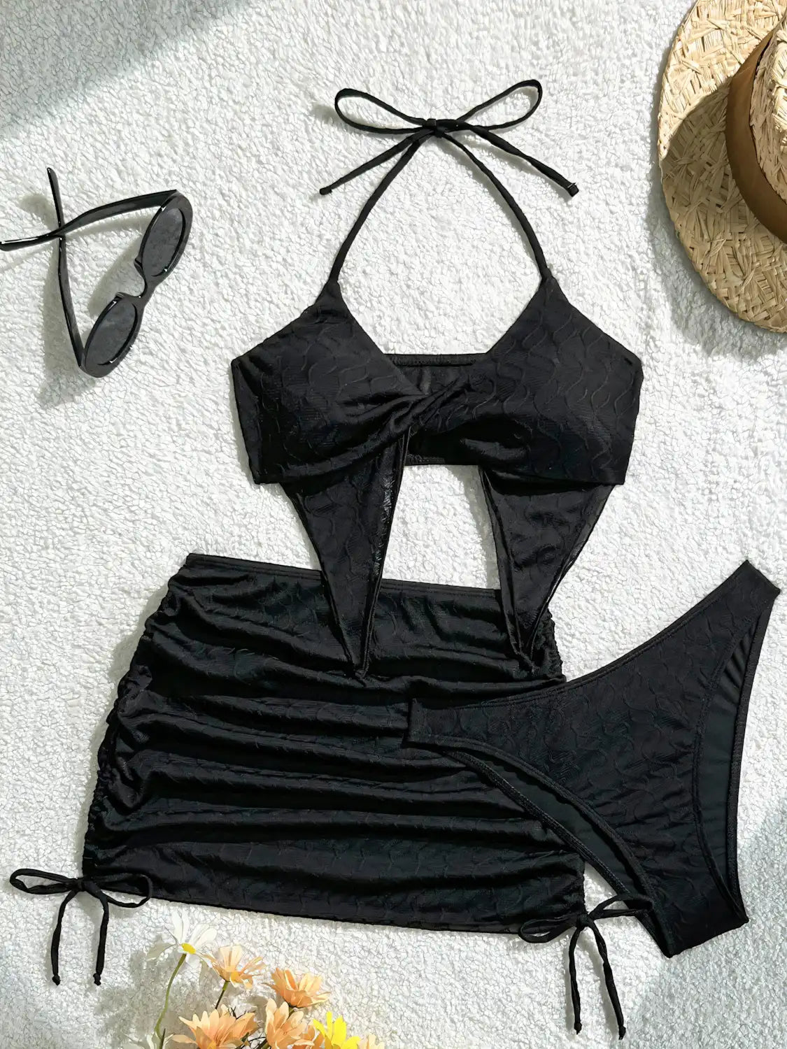 Solid Colours Drawstring Bikini Three Piece Set