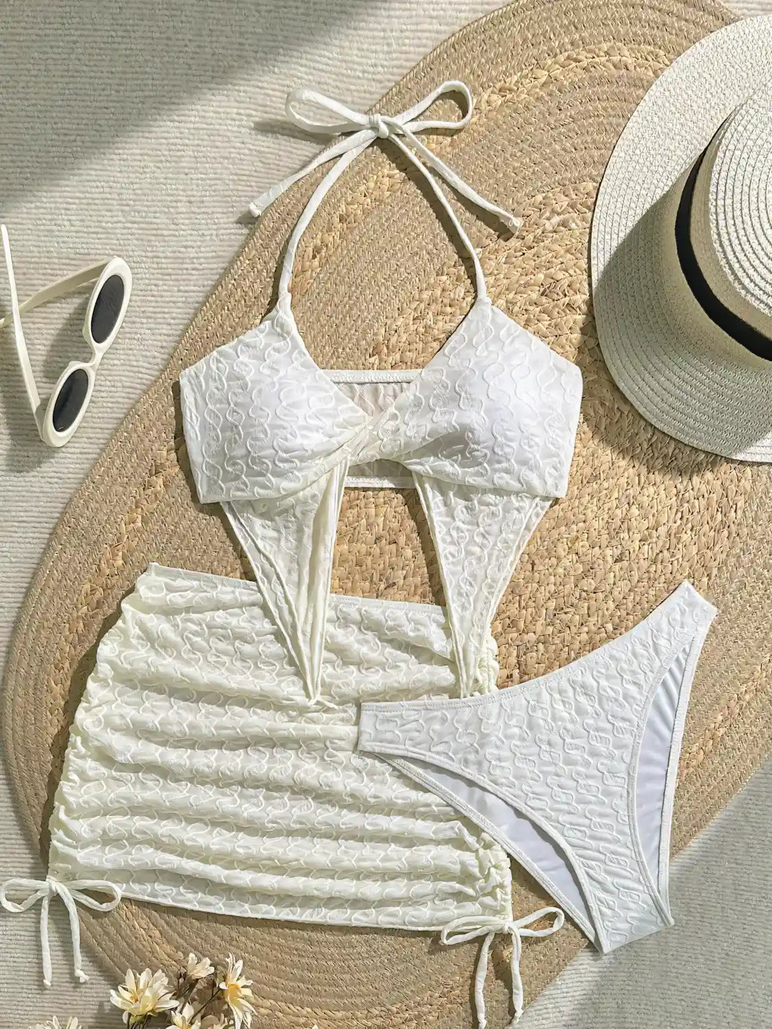 Solid Colours Drawstring Bikini Three Piece Set