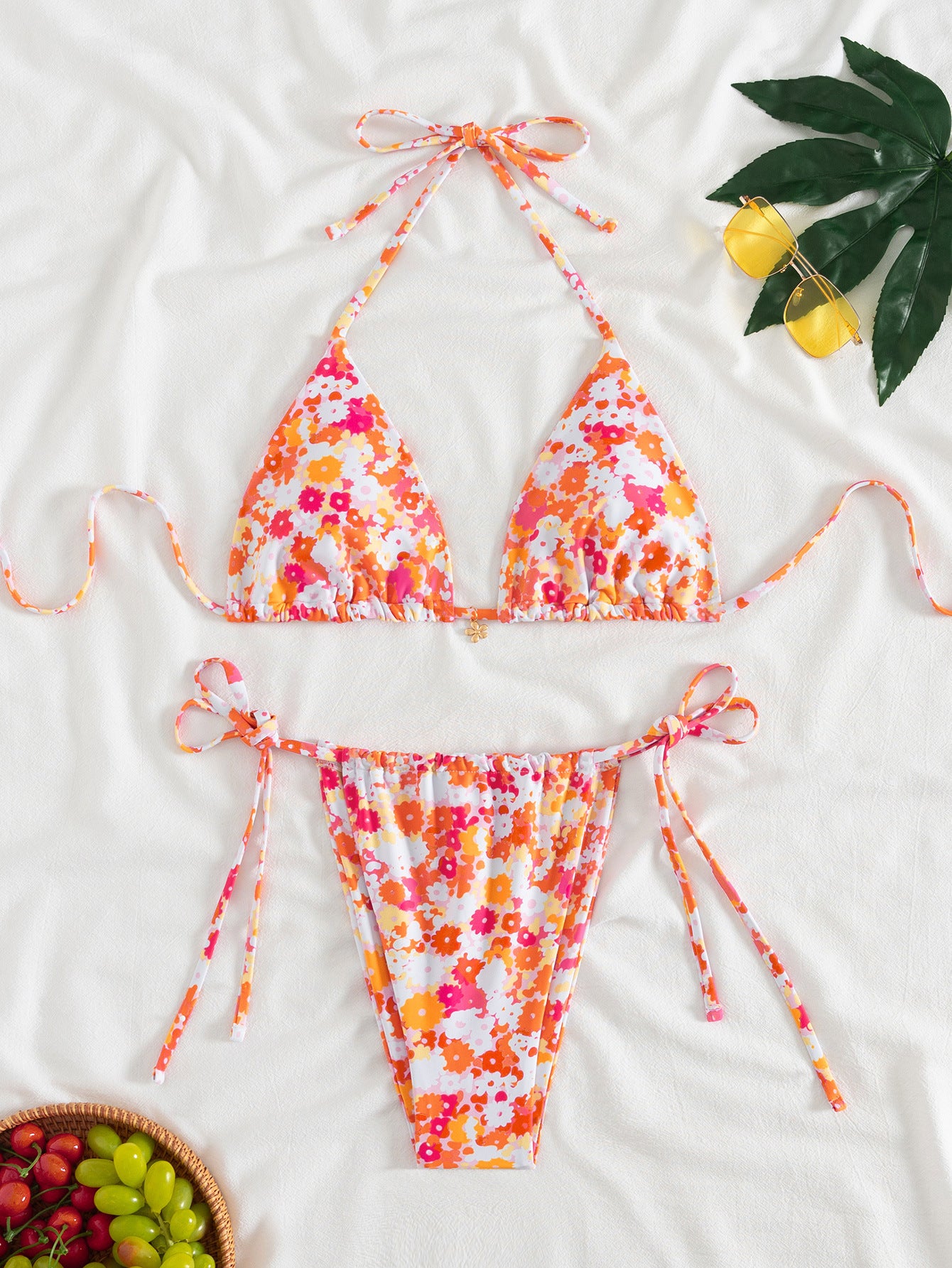 Orange Floral Printed Tie-Side Bikini
