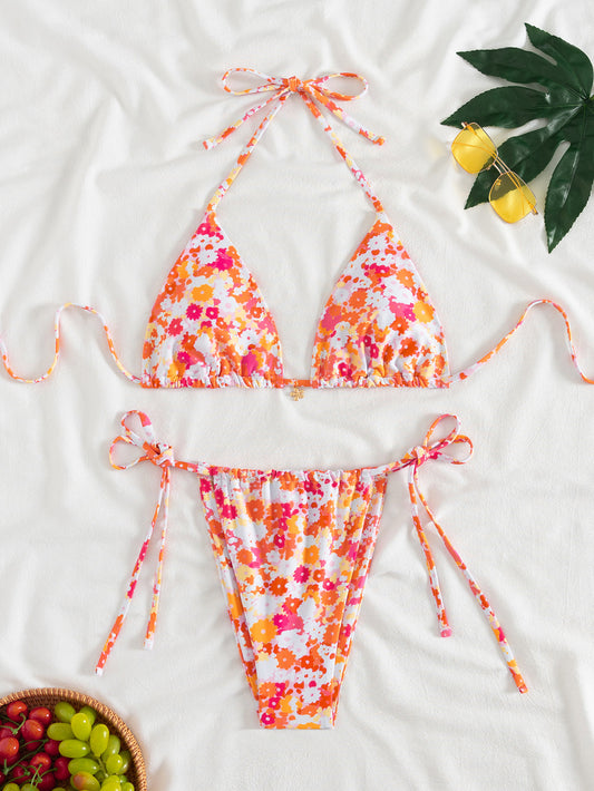 Orange Floral Printed Tie-Side Bikini