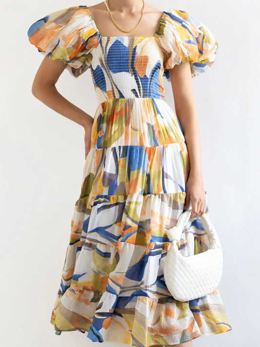 Blue Yellow Printed Puffy Bubble Sleeve Midi Dress