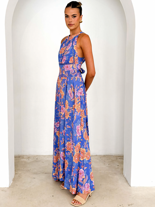 Blue Crushed Neck Bohemia Backless Maxi Dress