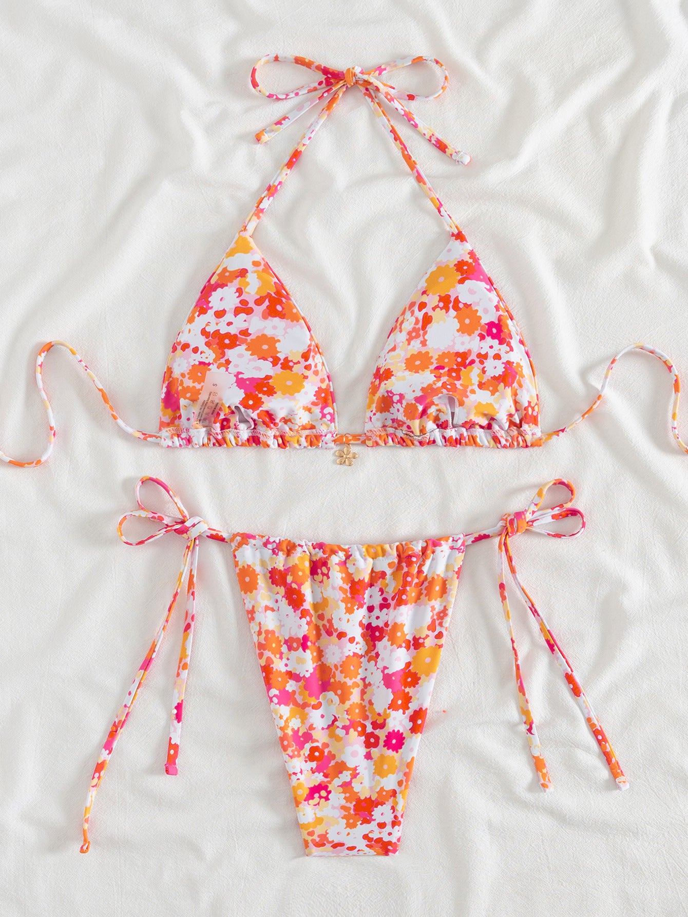 Orange Floral Printed Tie-Side Bikini