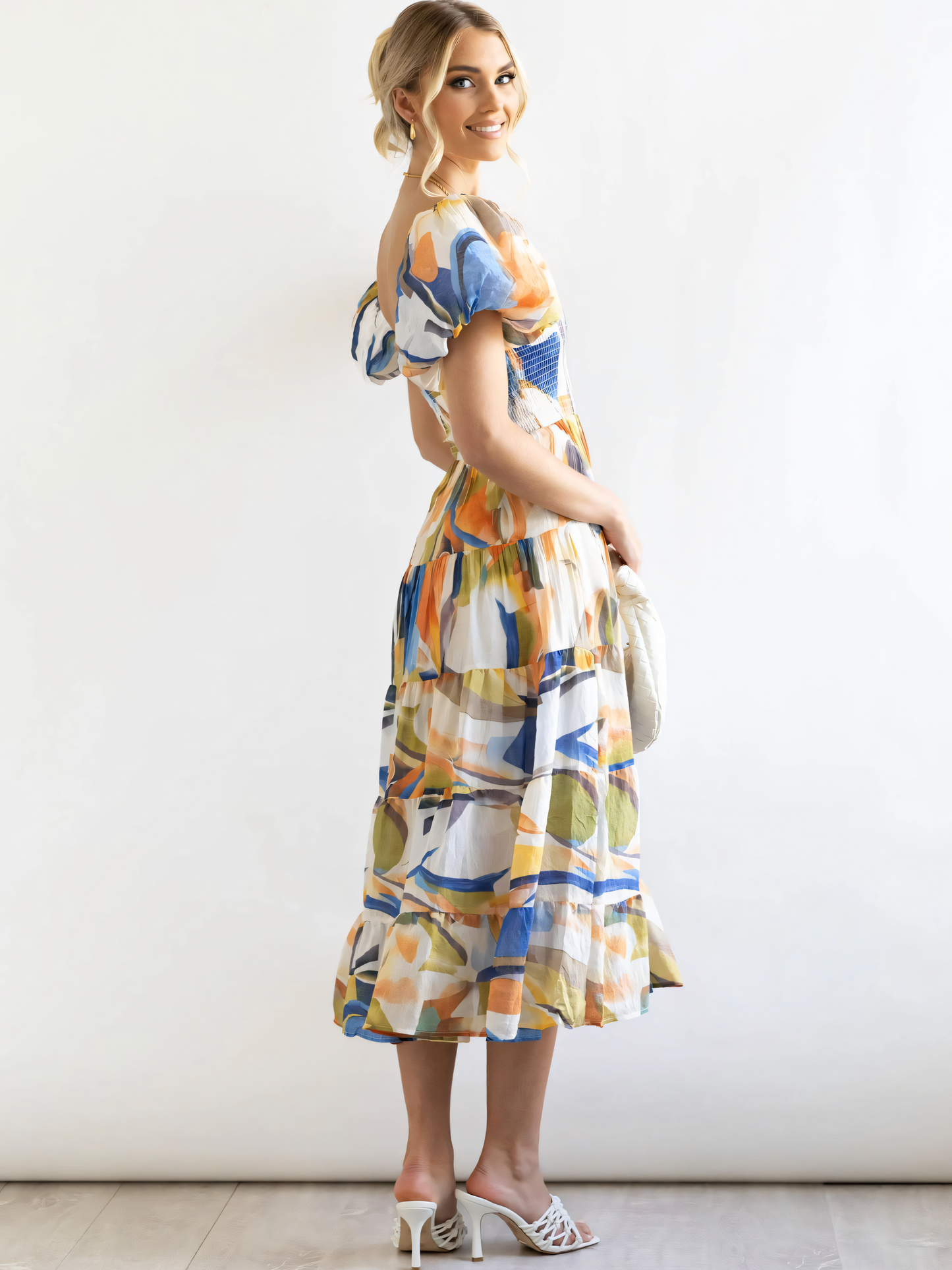 Blue Yellow Printed Puffy Bubble Sleeve Midi Dress