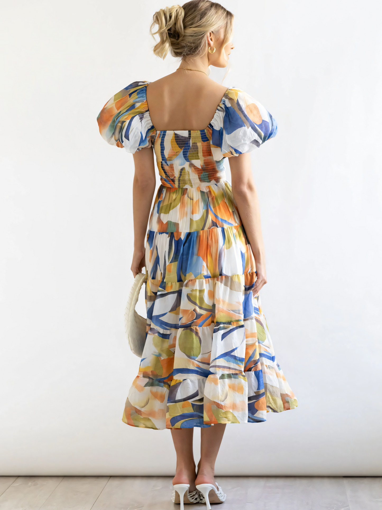 Blue Yellow Printed Puffy Bubble Sleeve Midi Dress