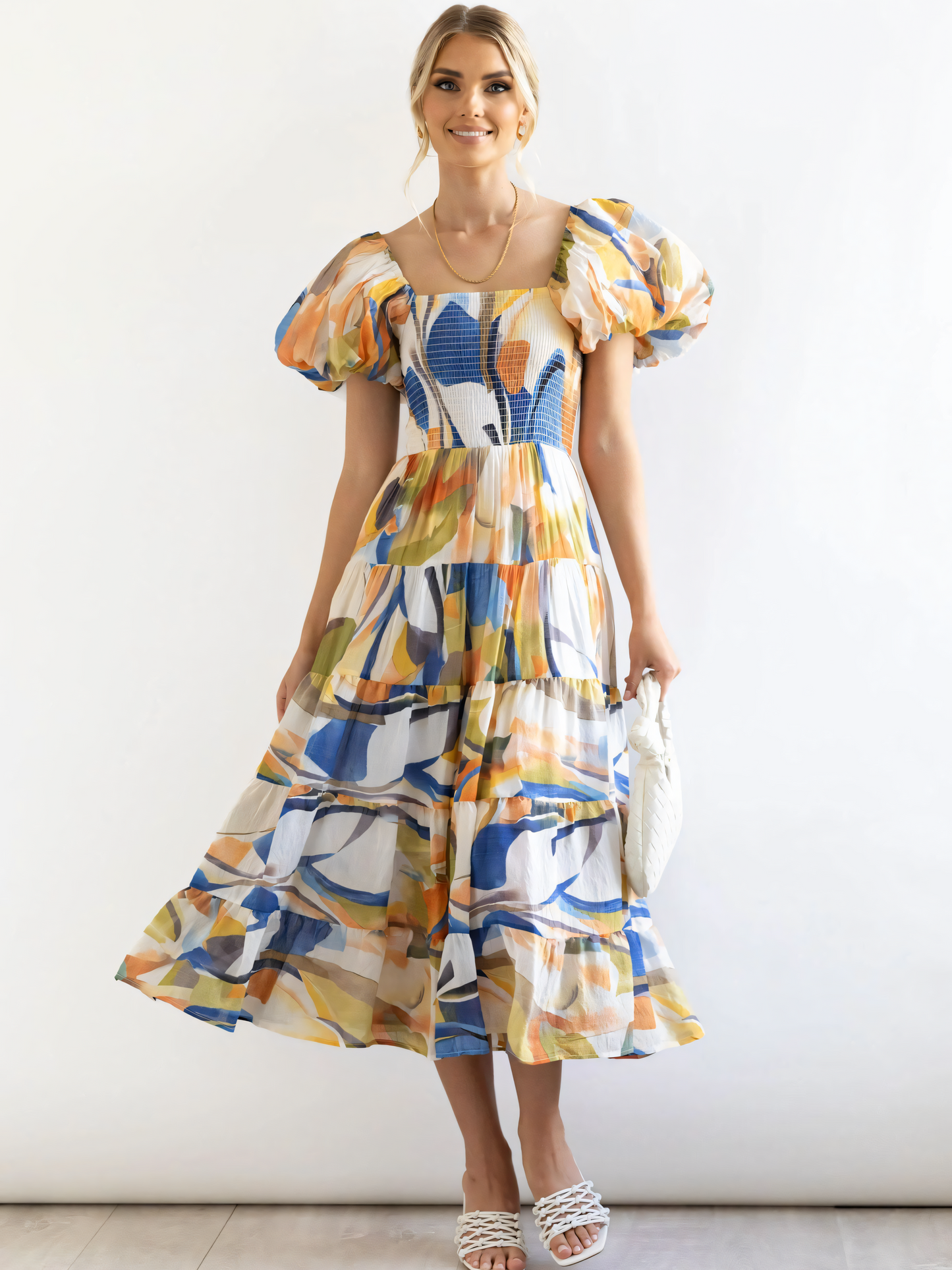 Blue Yellow Printed Puffy Bubble Sleeve Midi Dress