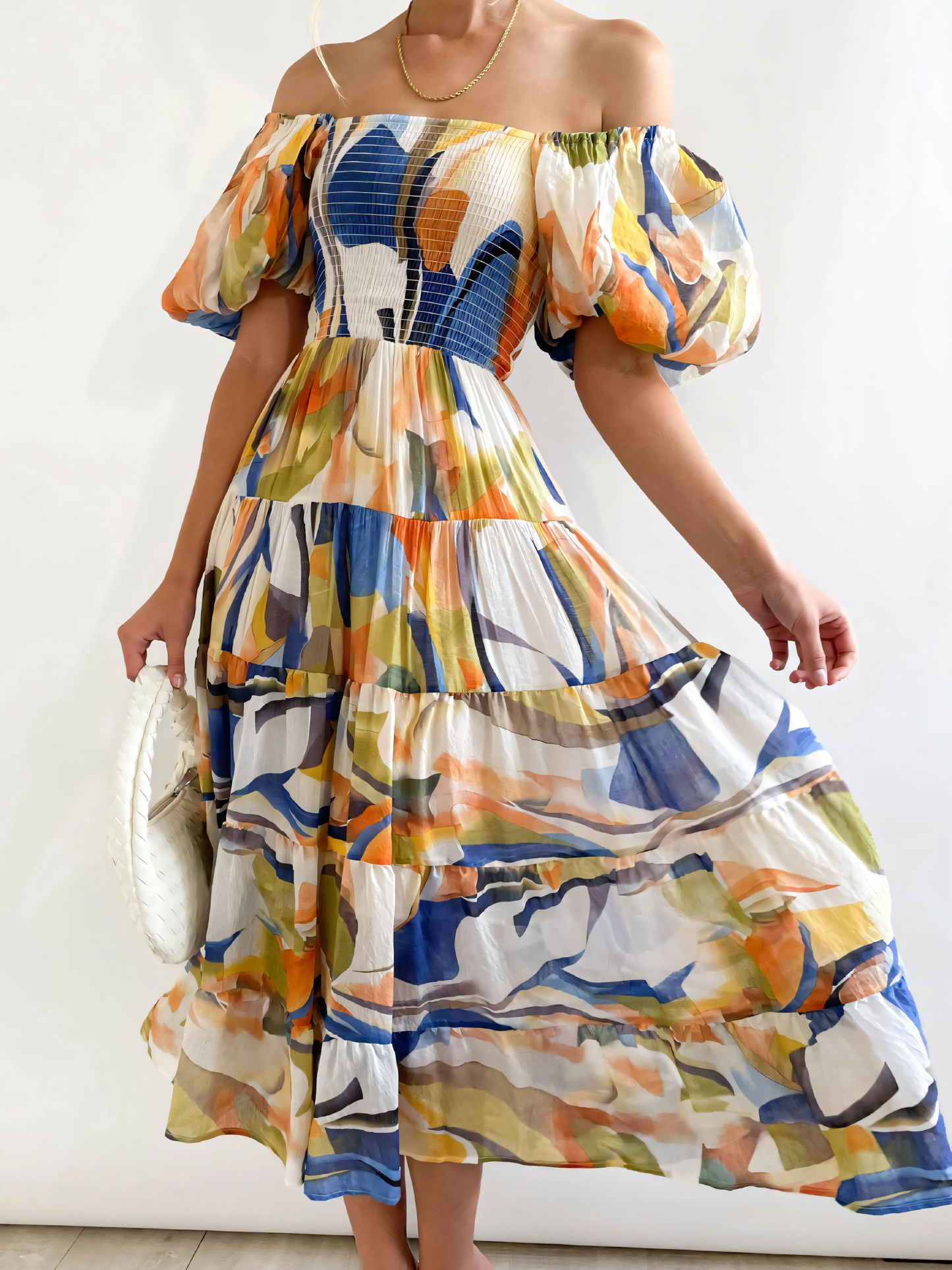 Blue Yellow Printed Puffy Bubble Sleeve Midi Dress