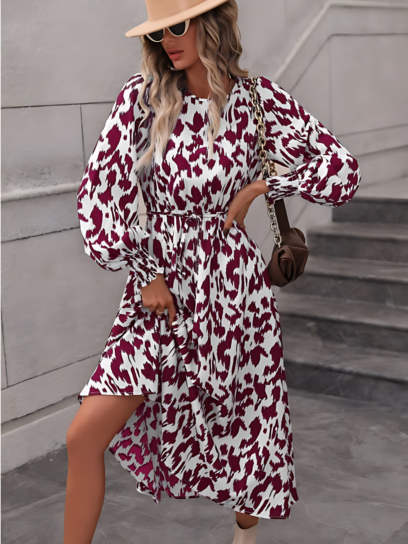 Leopard Print Tie-Up Long-Sleeved Maxi Dress