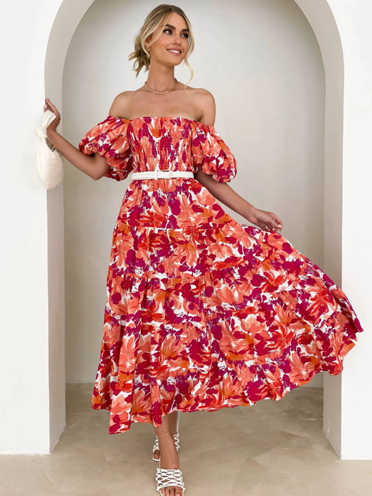 Rose Printed Puffy Bubble Sleeve Midi Dress