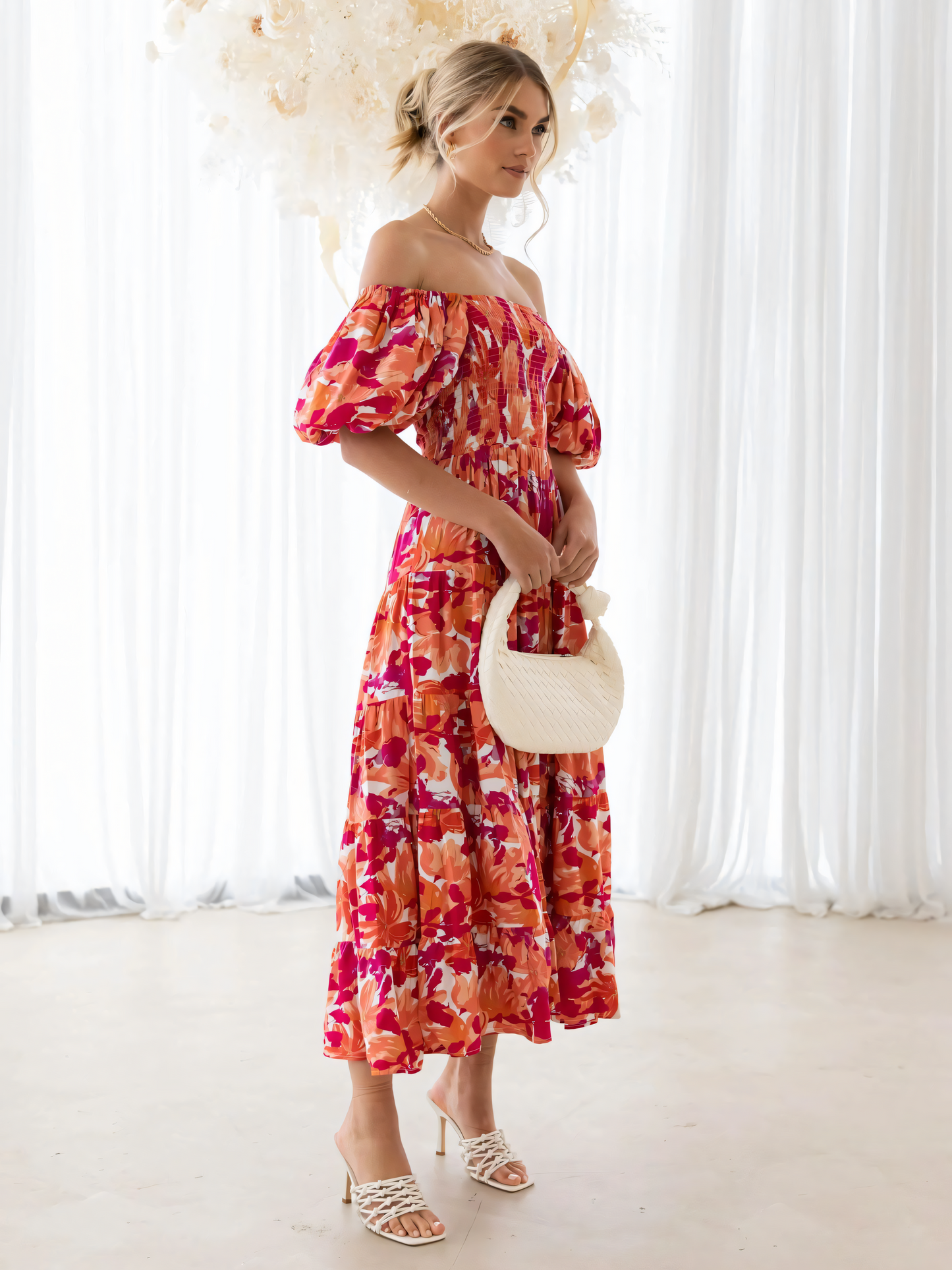Rose Printed Puffy Bubble Sleeve Midi Dress