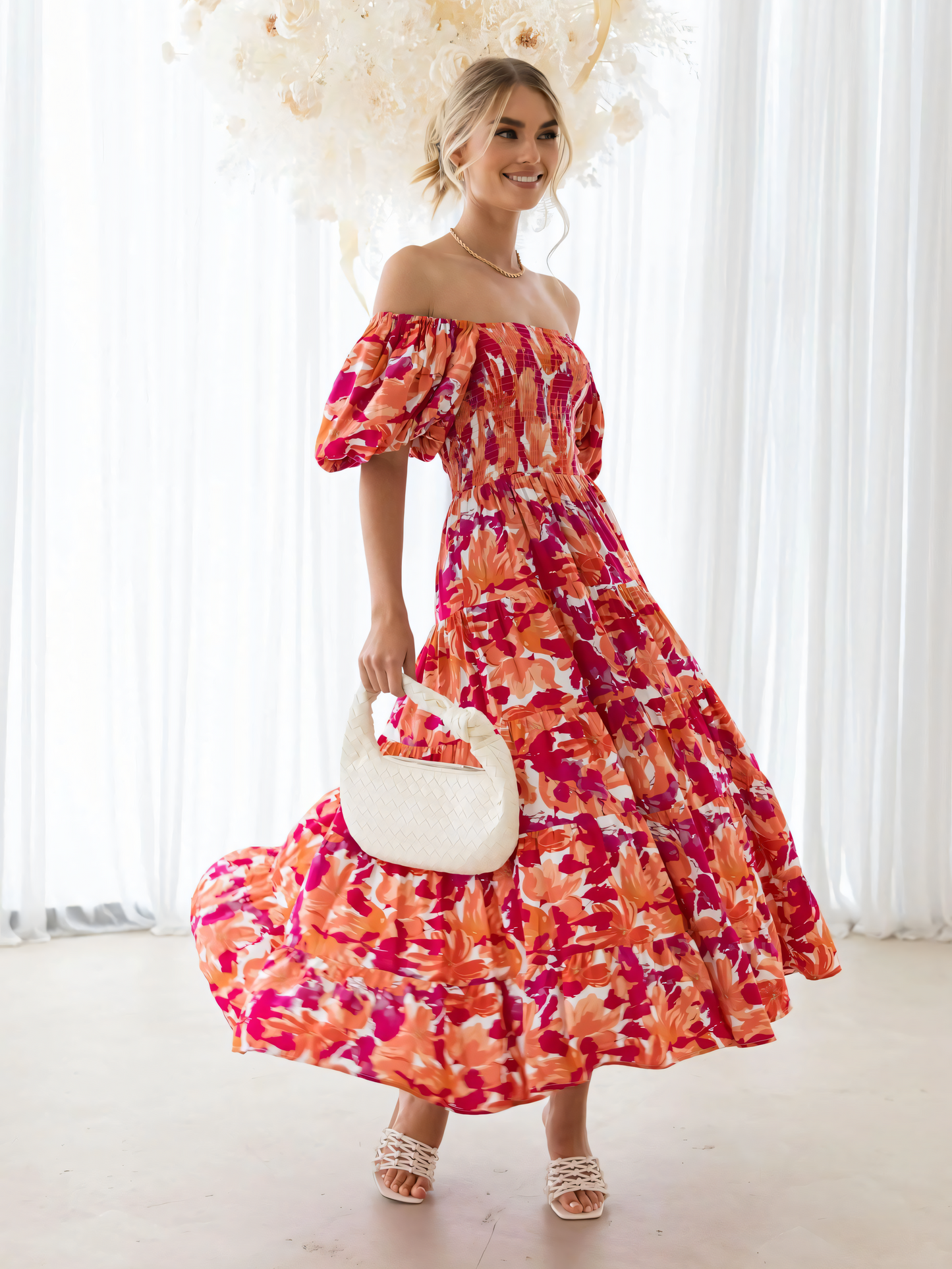 Rose Printed Puffy Bubble Sleeve Midi Dress
