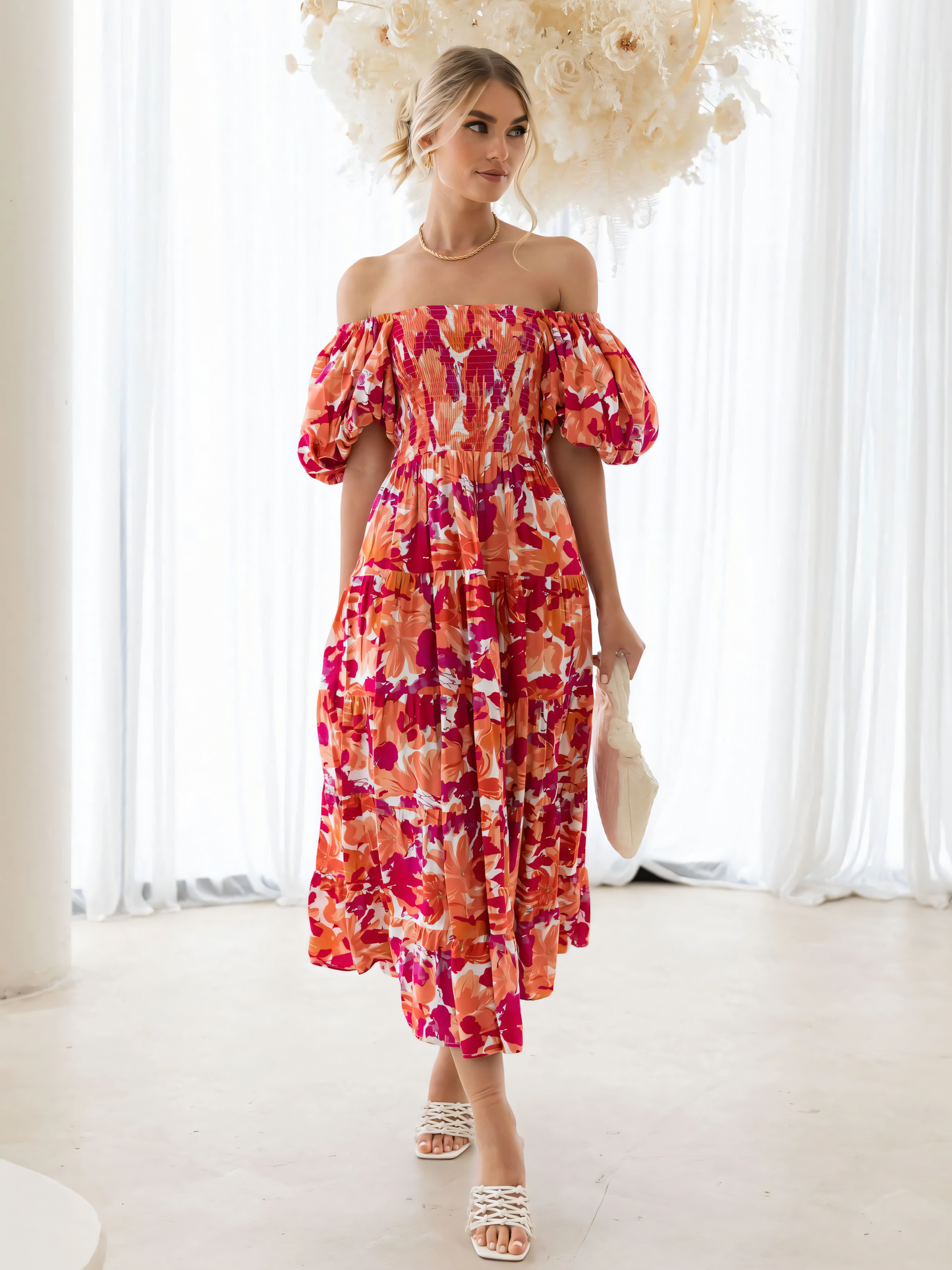Rose Printed Puffy Bubble Sleeve Midi Dress
