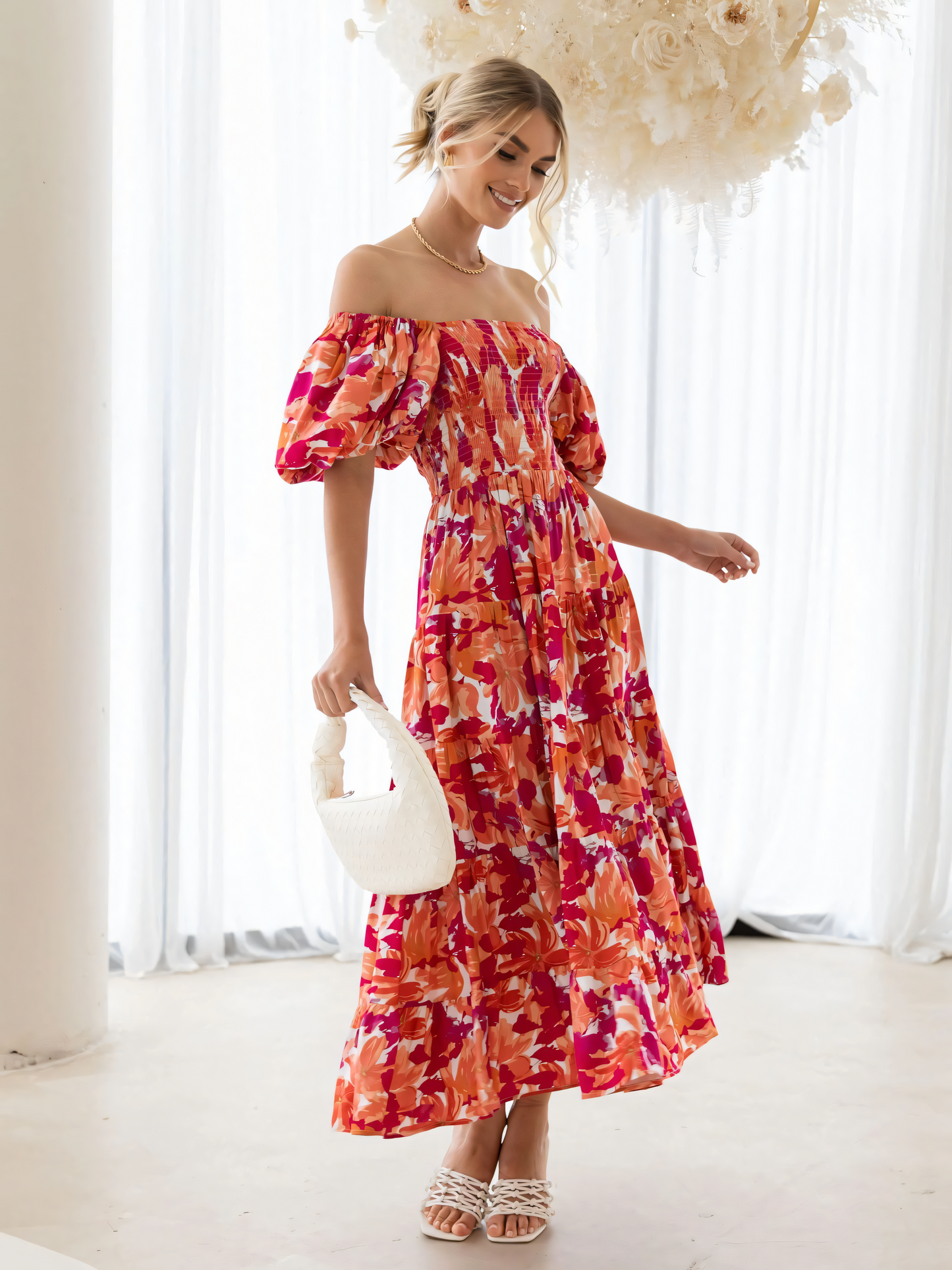Rose Printed Puffy Bubble Sleeve Midi Dress