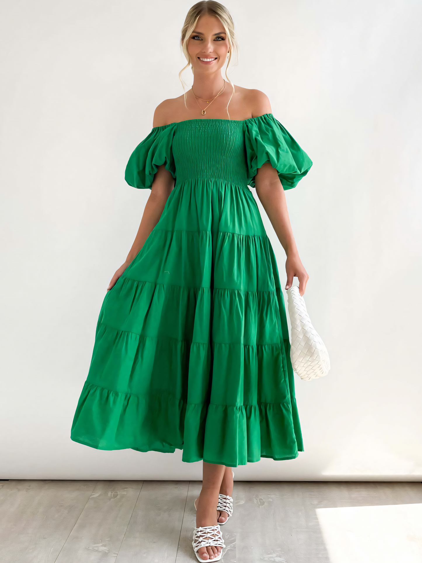 Solid Color Poncho Bubble Sleeve Midi Dress