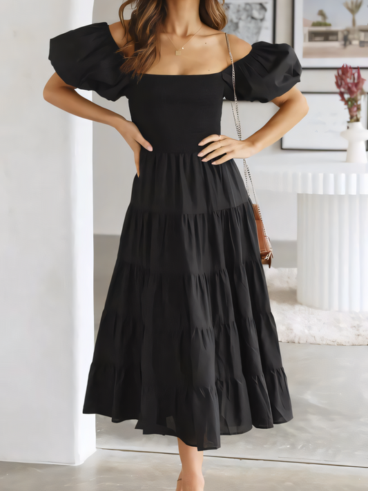 Solid Color Poncho Bubble Sleeve Midi Dress