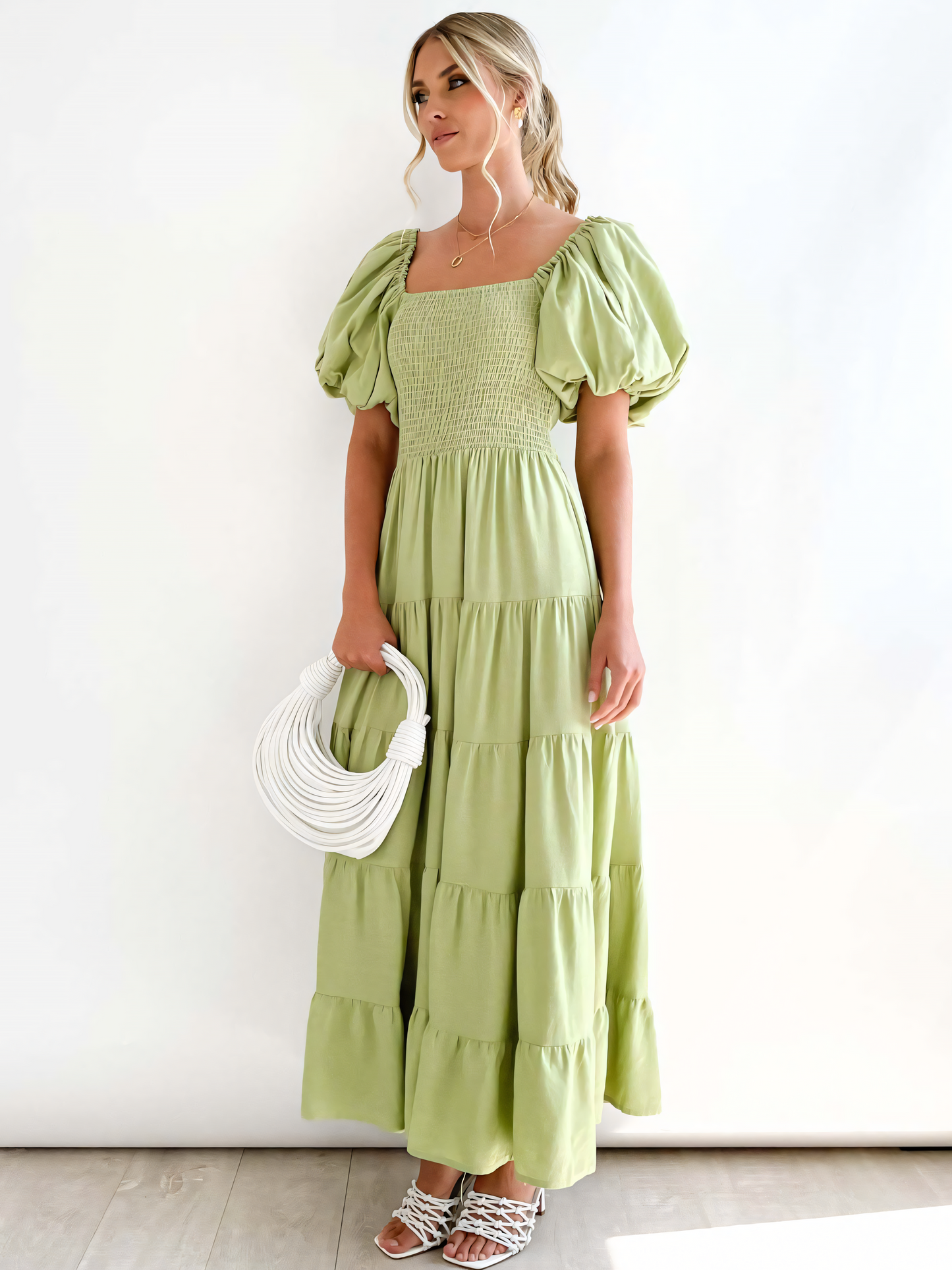 Solid Color Poncho Bubble Sleeve Midi Dress