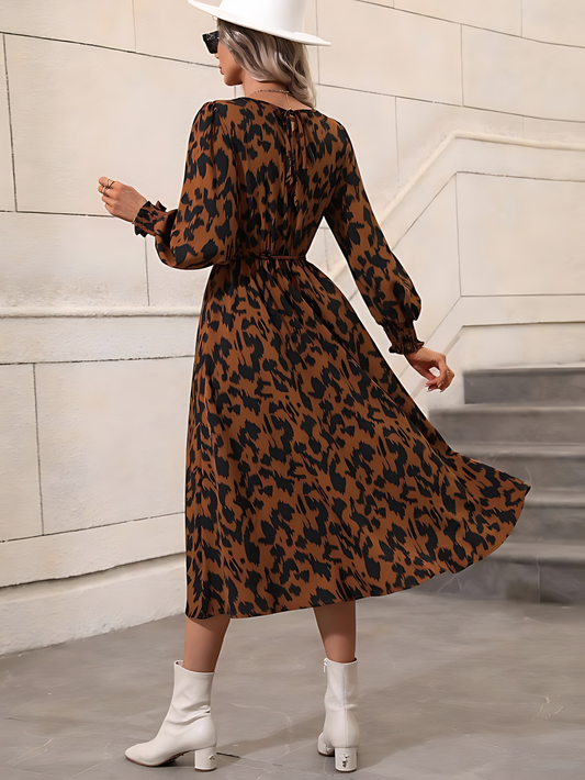 Leopard Print Tie-Up Long-Sleeved Maxi Dress