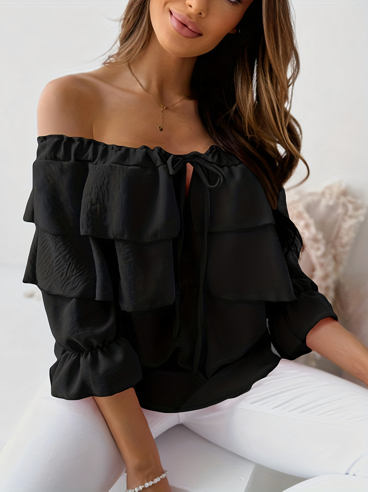 Elastic Shoulder Tie Ruffle Mid Sleeve Shirt