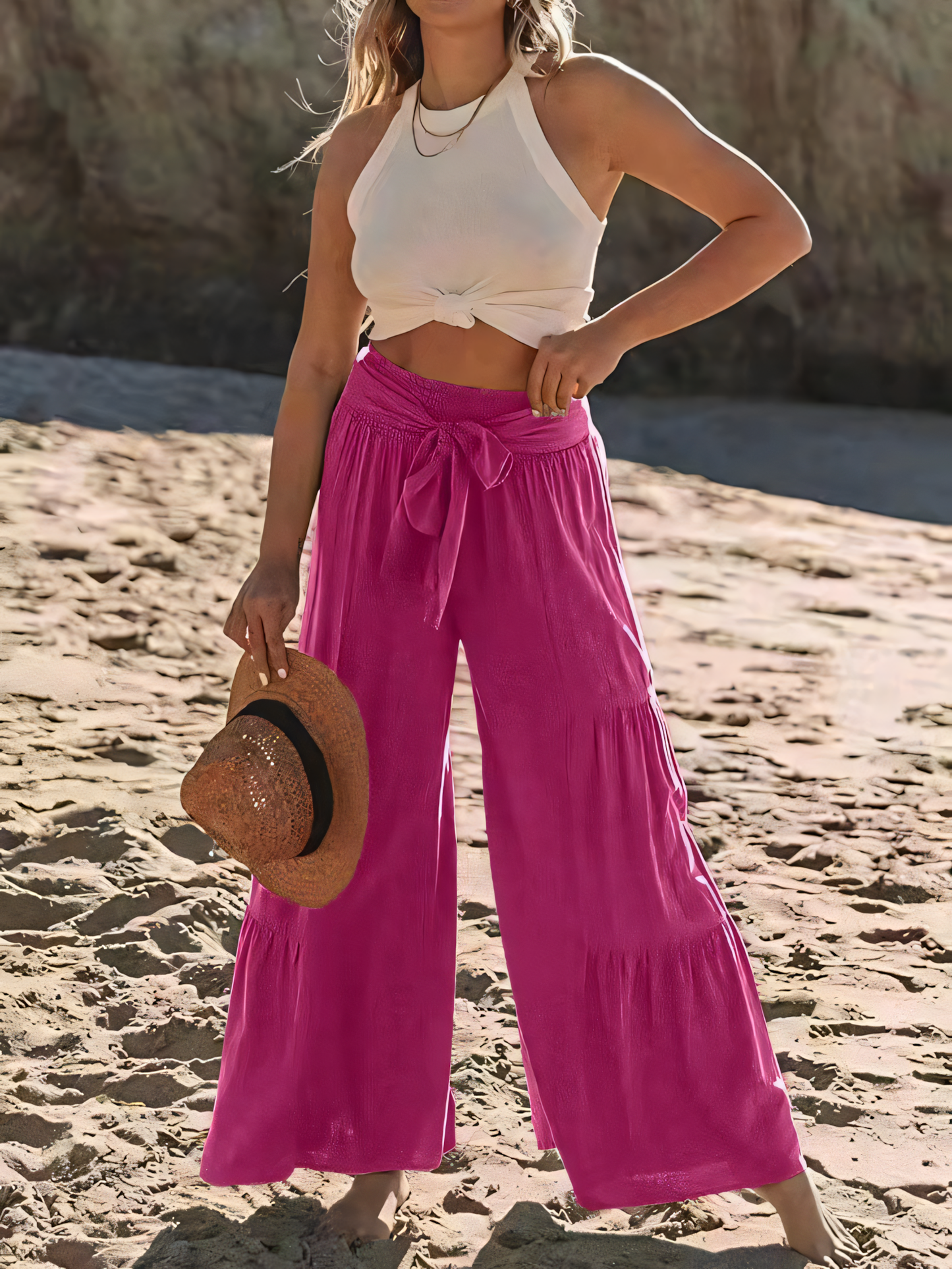 Strappy High-waisted Pleated Loose-fitting Pants