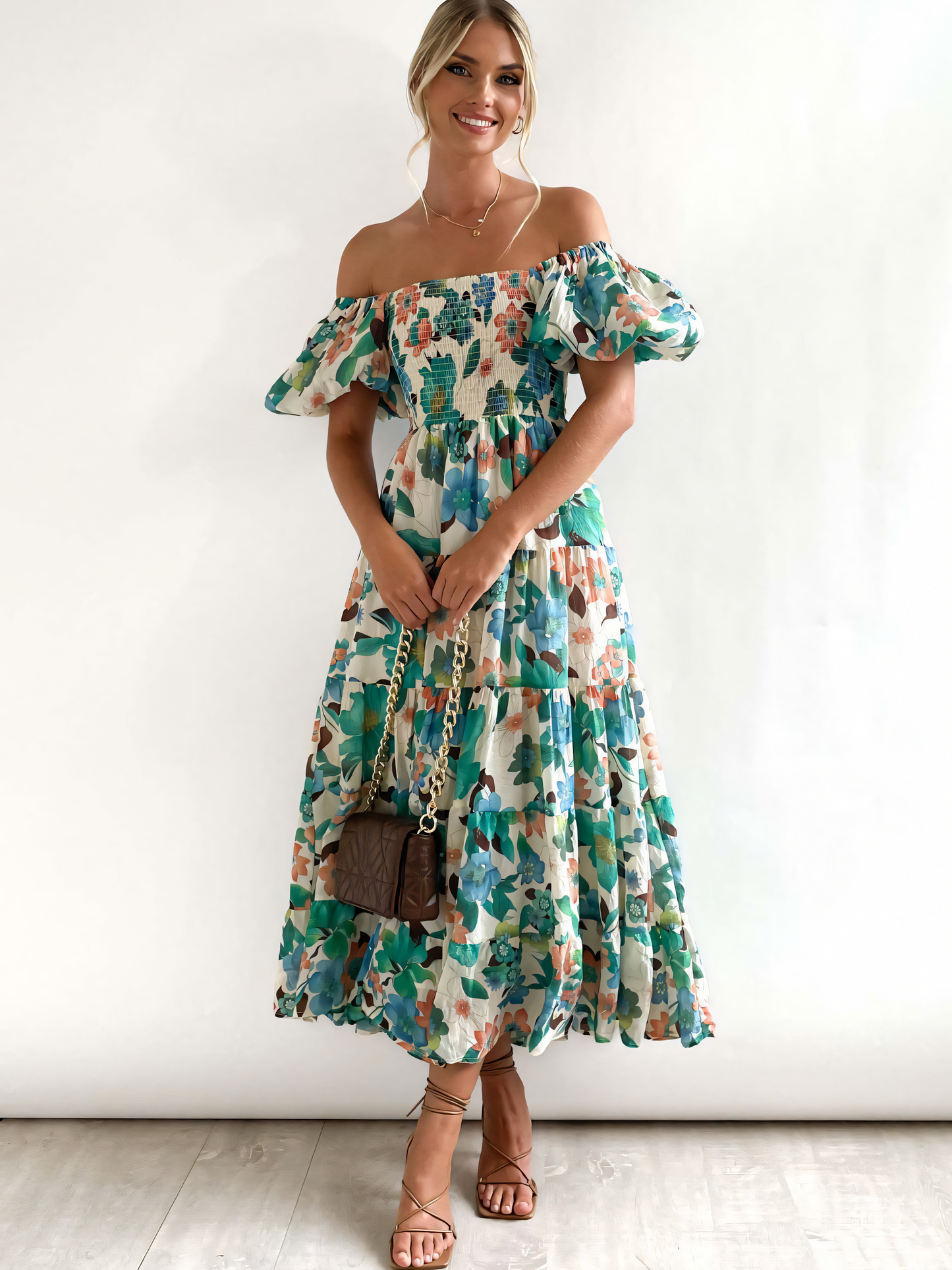 Light-green Floral Printed Puffy Bubble Sleeve Midi Dress