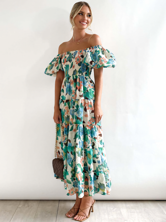 Light-green Floral Printed Puffy Bubble Sleeve Midi Dress