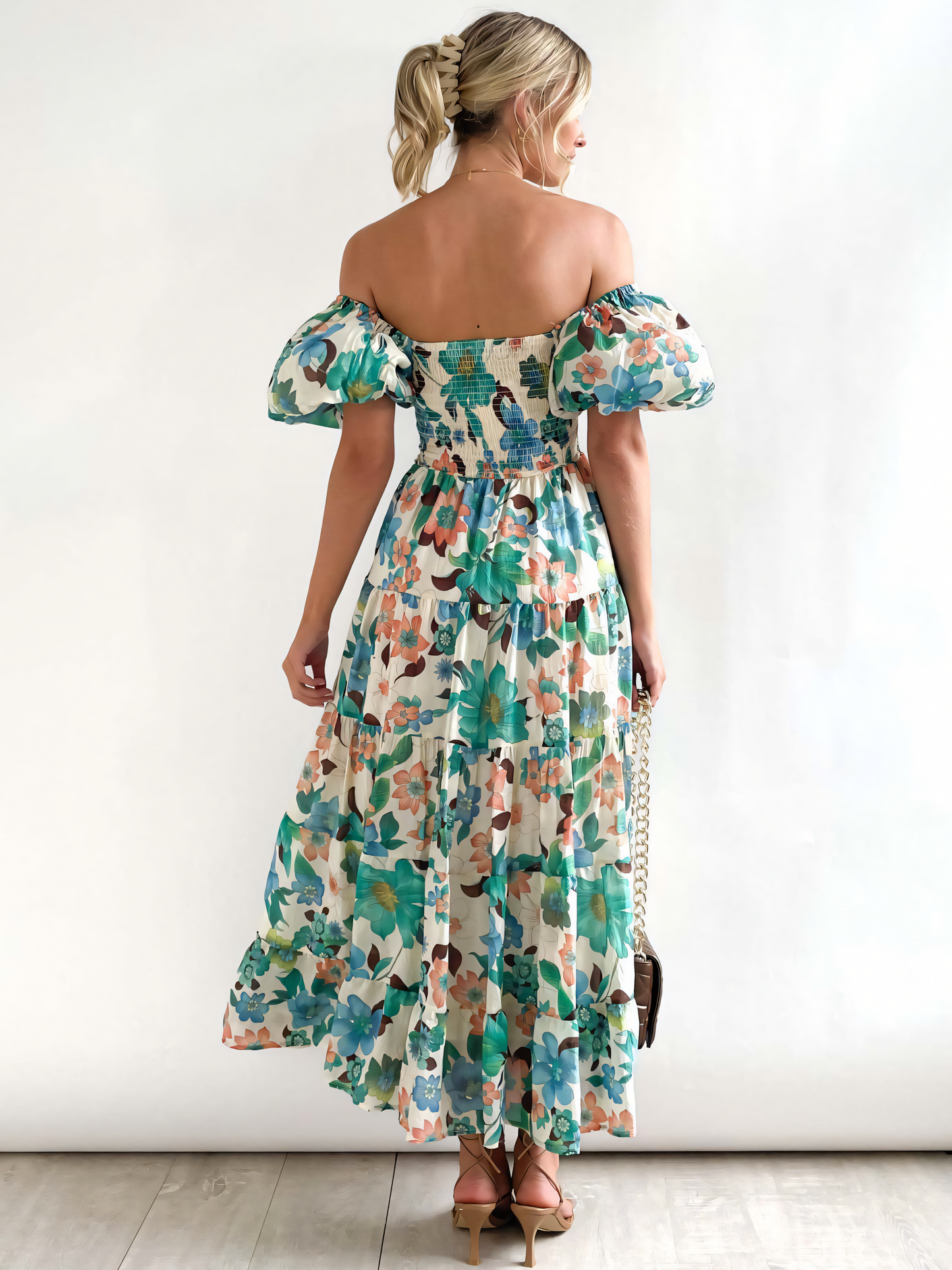 Light-green Floral Printed Puffy Bubble Sleeve Midi Dress