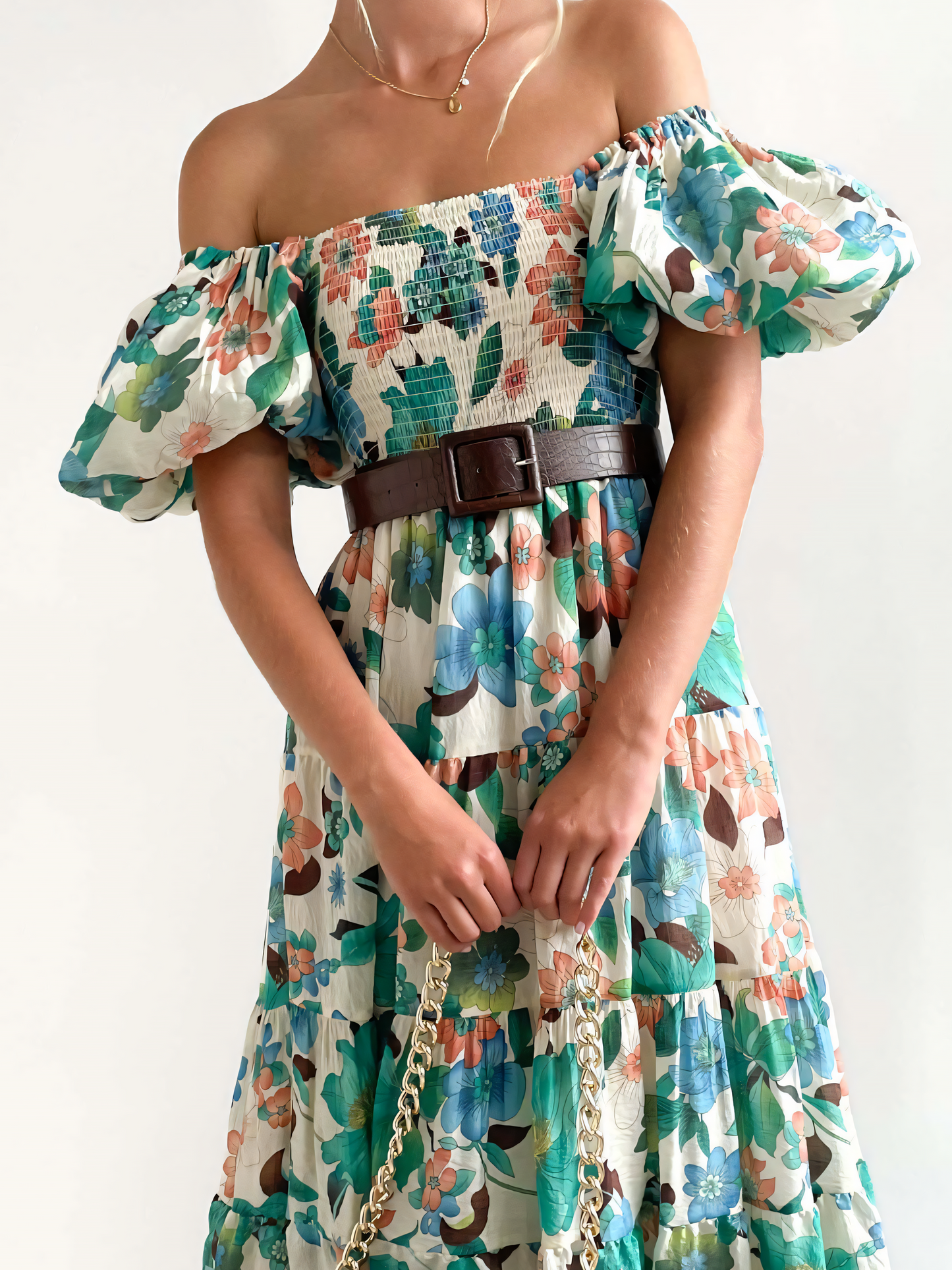 Light-green Floral Printed Puffy Bubble Sleeve Midi Dress