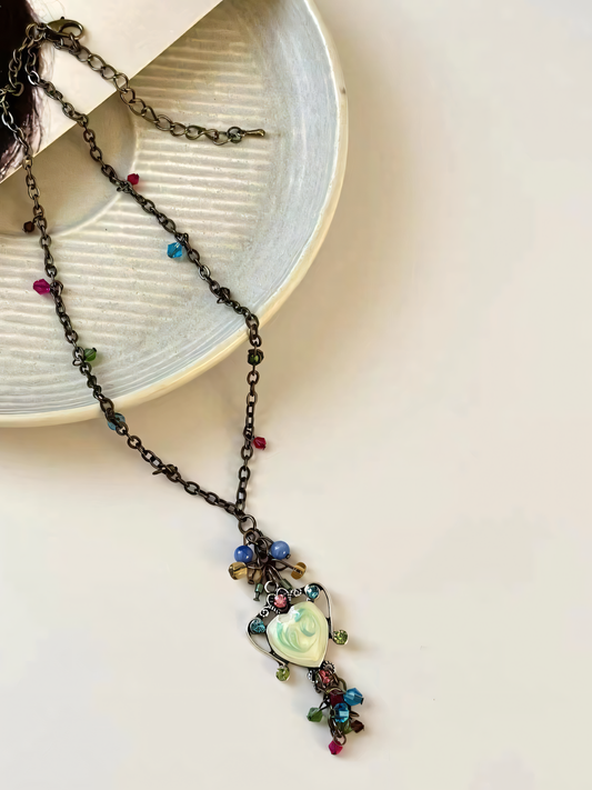 Vintage Colorful Heart Tassel Necklace