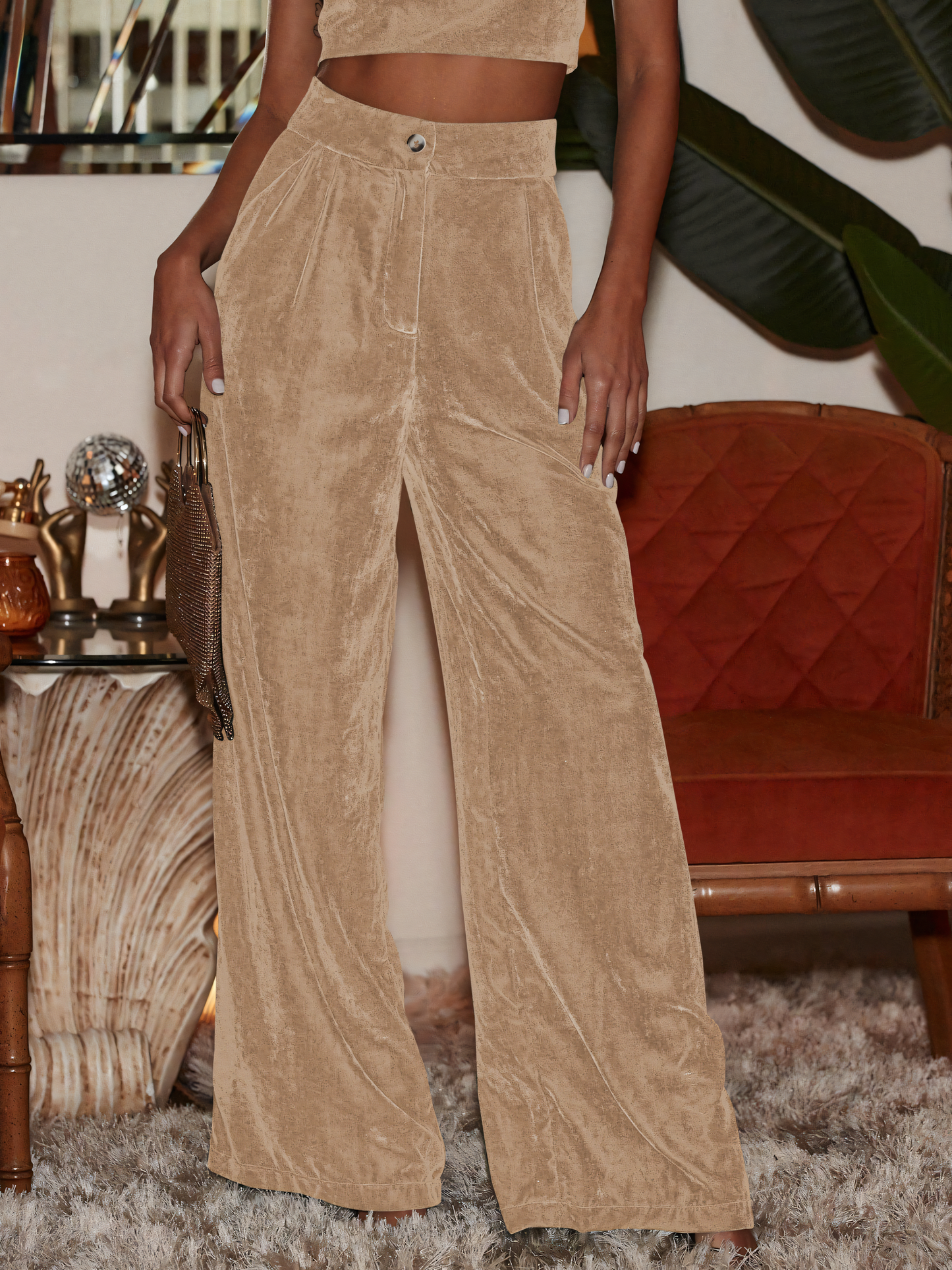 Velvet Loose Button Straight Leg Wide Leg Pants