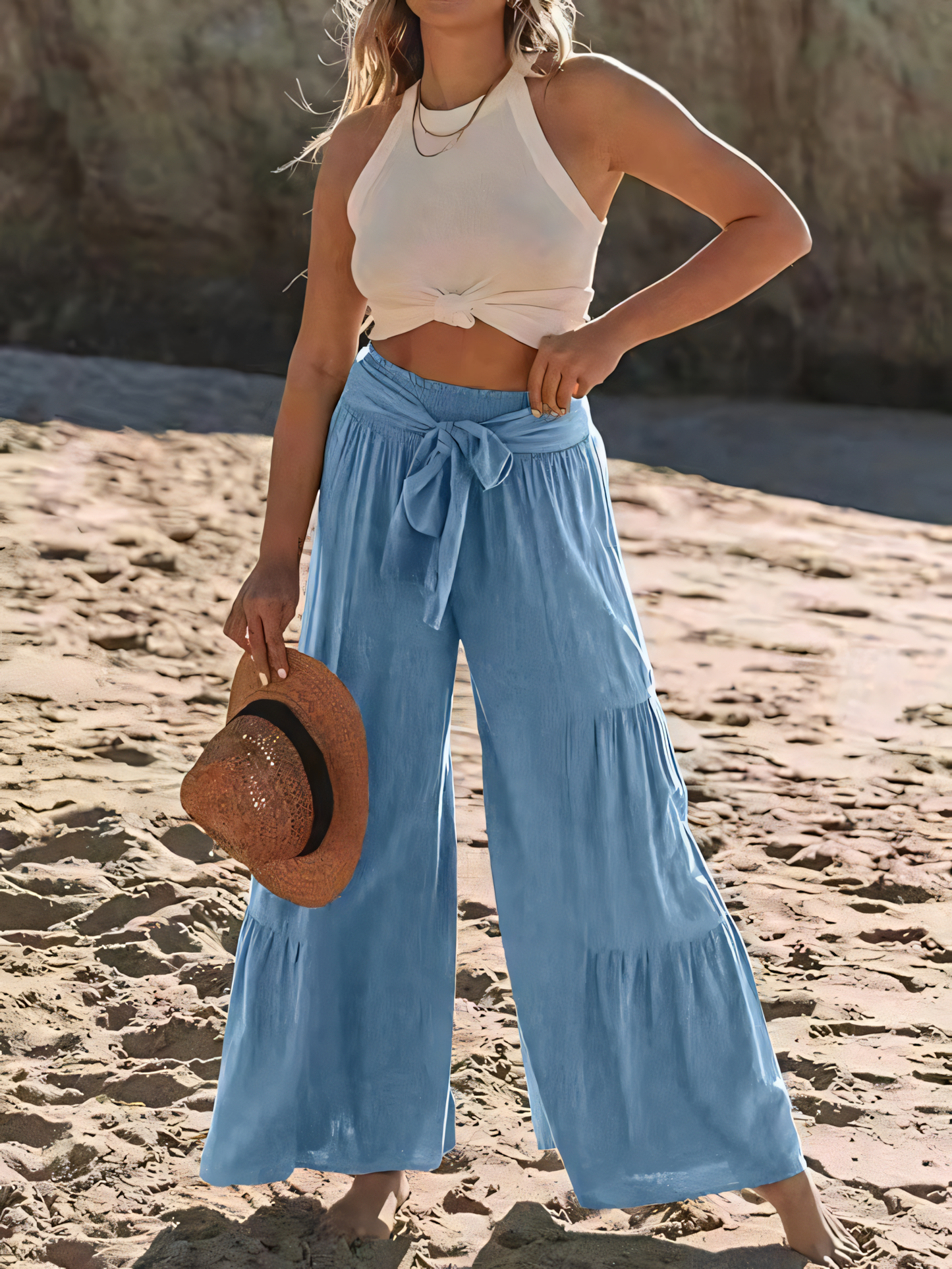 Strappy High-waisted Pleated Loose-fitting Pants
