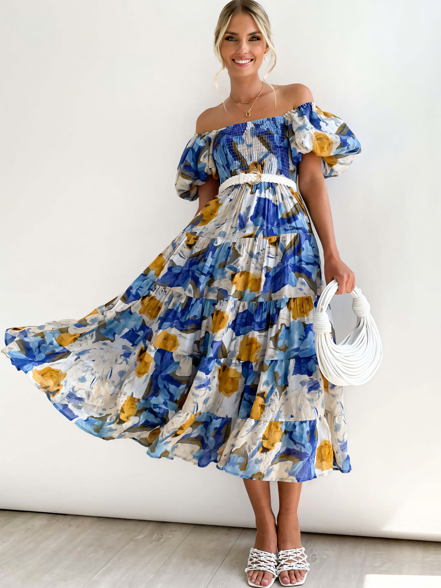Blue White Printed Puffy Bubble Sleeve Midi Dress