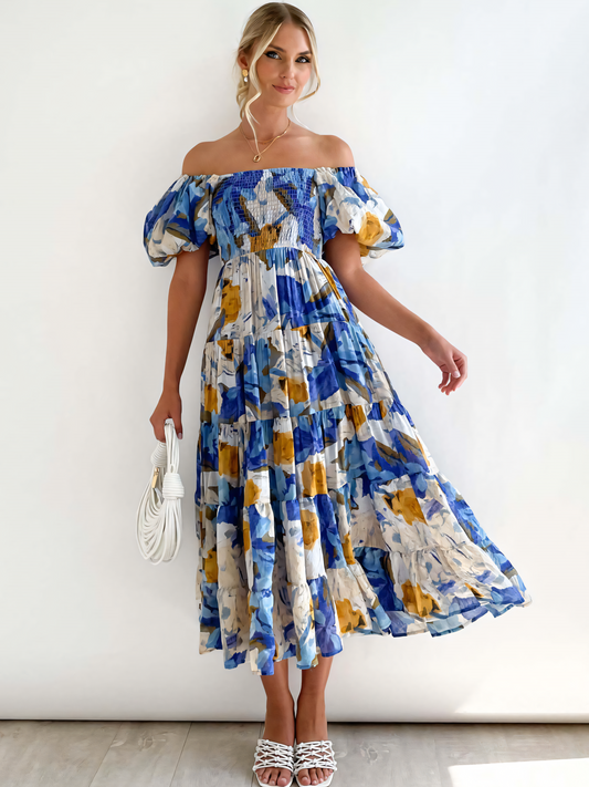 Blue White Printed Puffy Bubble Sleeve Midi Dress