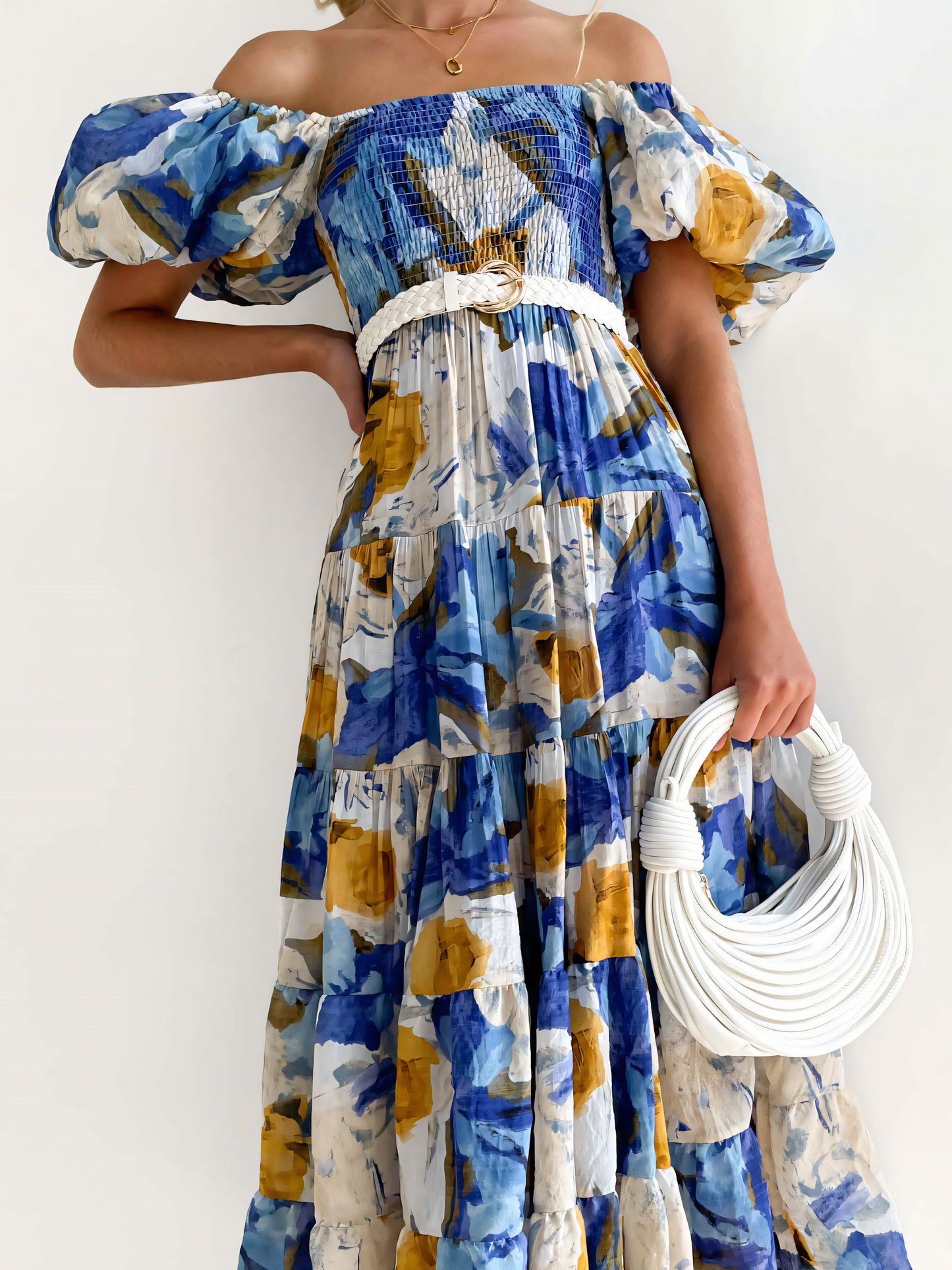 Blue White Printed Puffy Bubble Sleeve Midi Dress