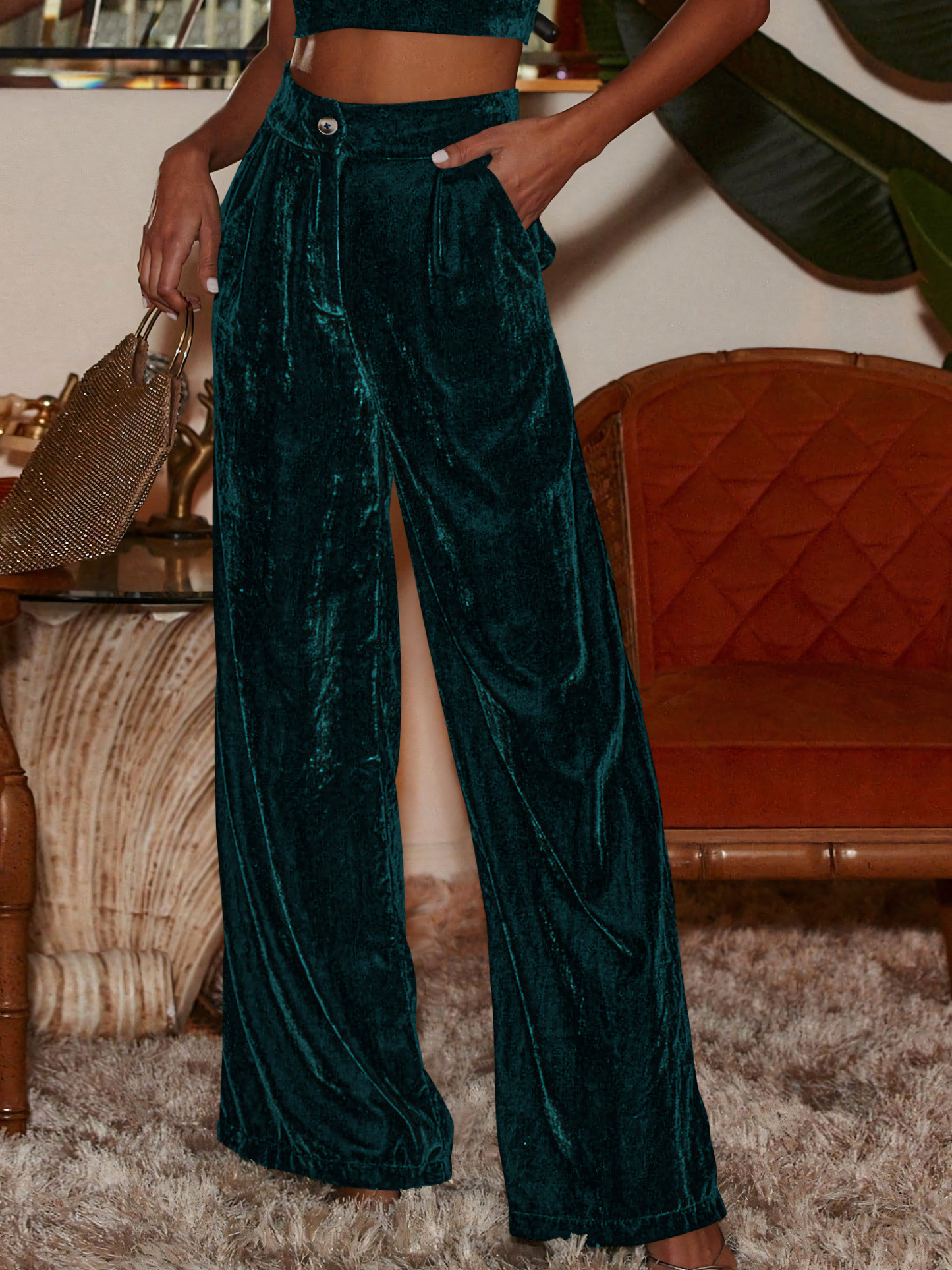 Velvet Loose Button Straight Leg Wide Leg Pants