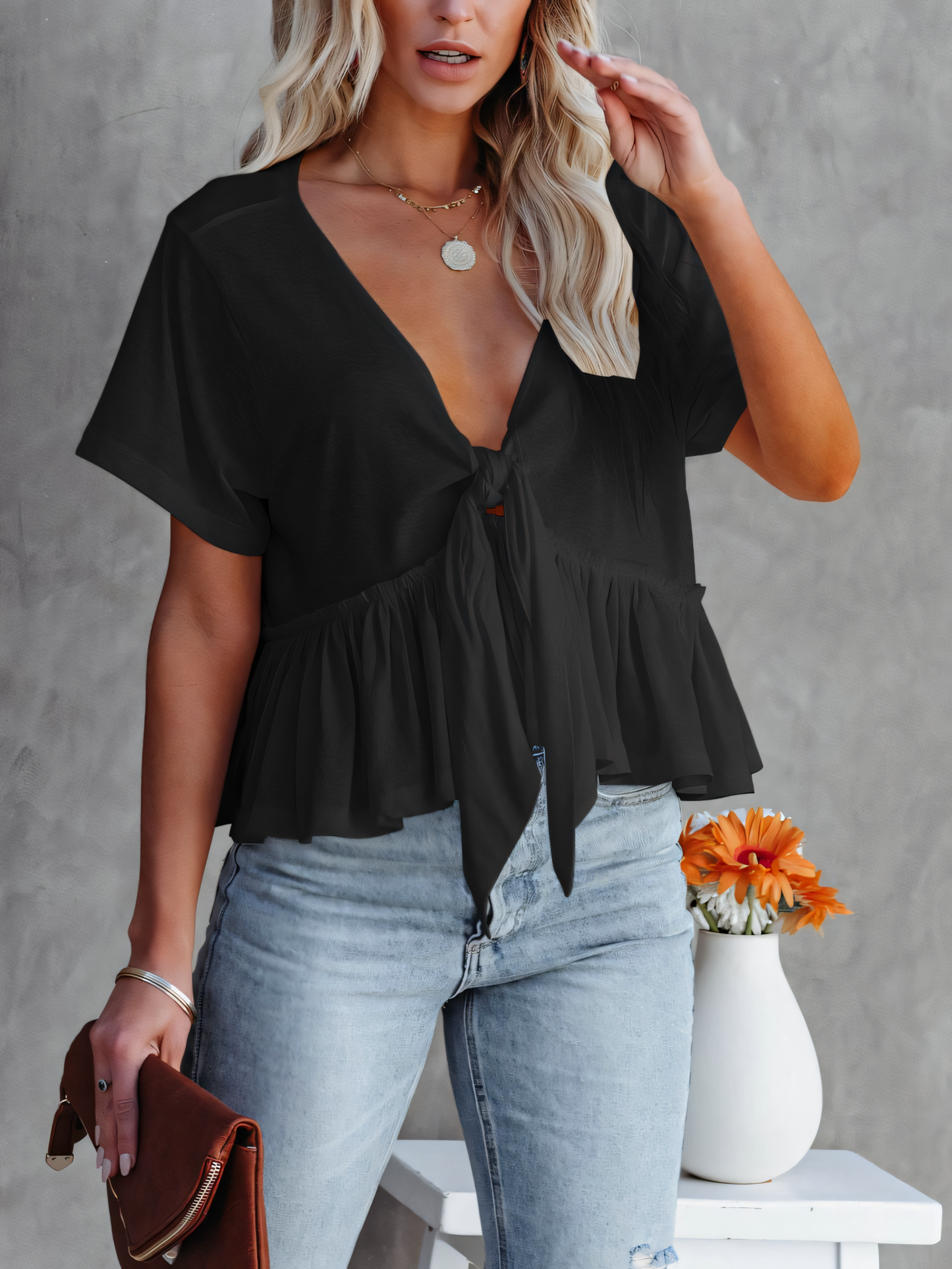 Loose Tie Ruffle Short Sleeve